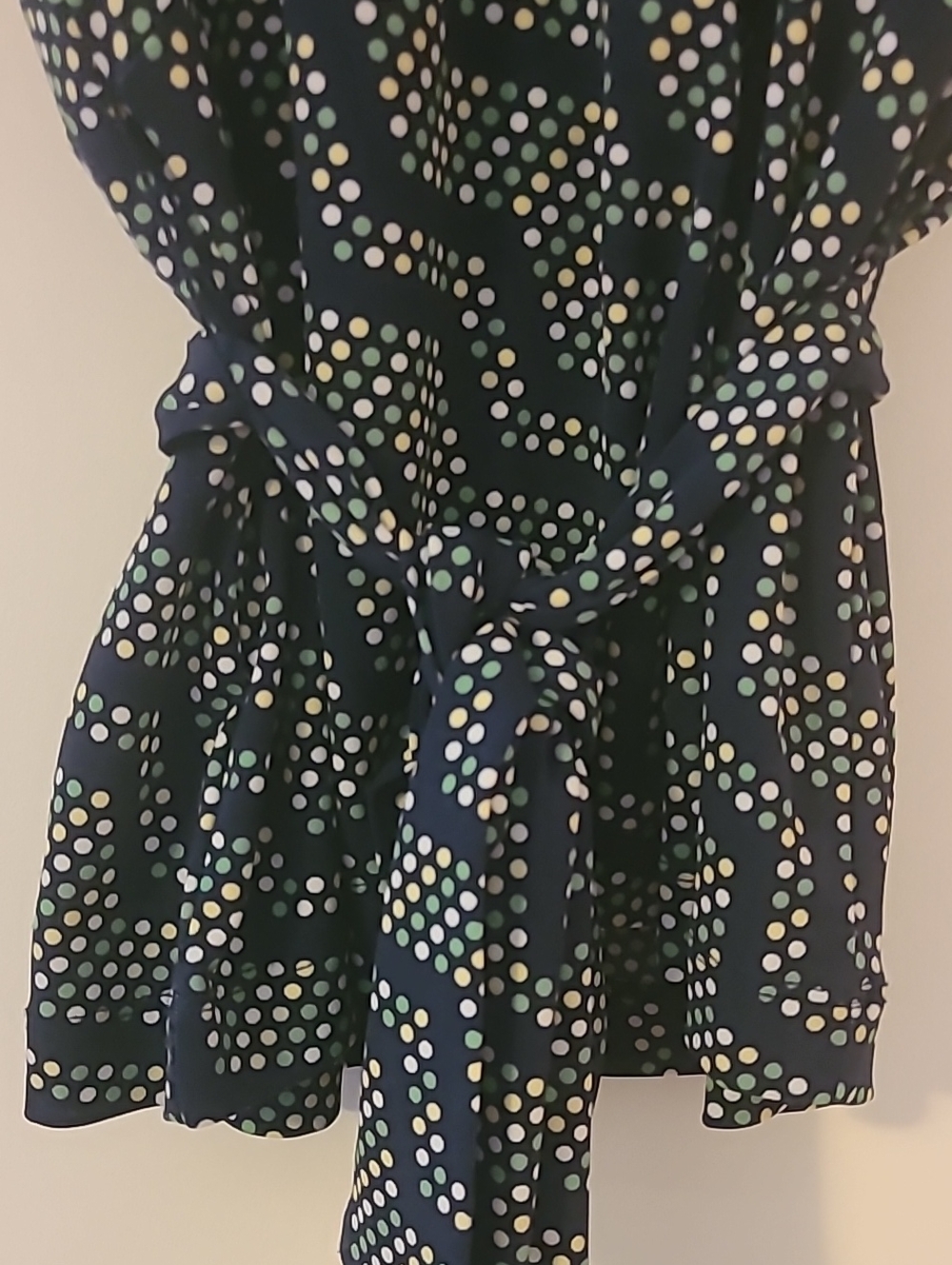 Navy Polka Dot Wrap Top with Green and White Dot Print Chevron Deep V